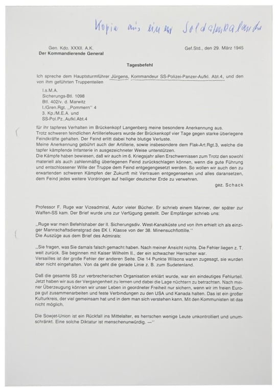 Signature of Waffen-SS KC Recipient 'Heinz Jürgens'