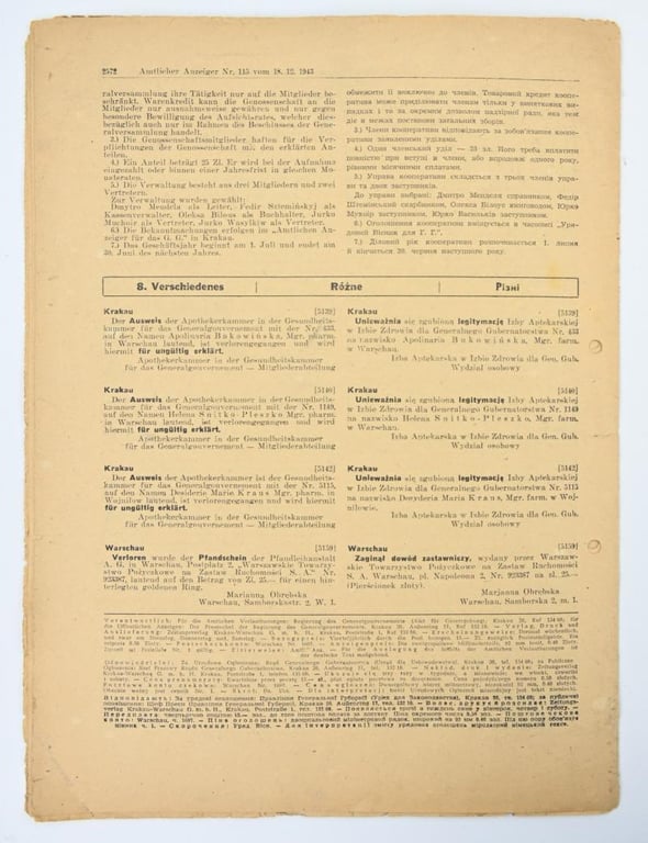 German Generalgoverment Newspaper 'Amtlicher Anzeiger'