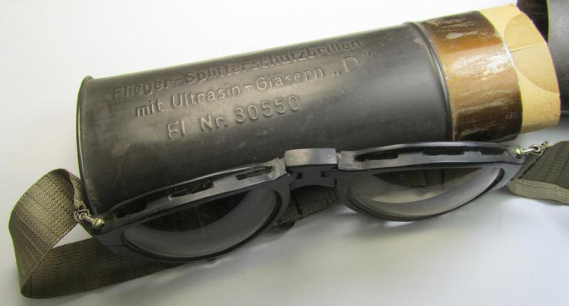 Superb - and/or fully undamaged! - example of a WH (Luftwaffe) pilots'-flight-goggles (ie.: 'Flieger-Splitterschutzbrillen mit Ultrasin-Gläsern “D” - Fl 30550' that comes stored in its period, metal-based etui (ie. container)