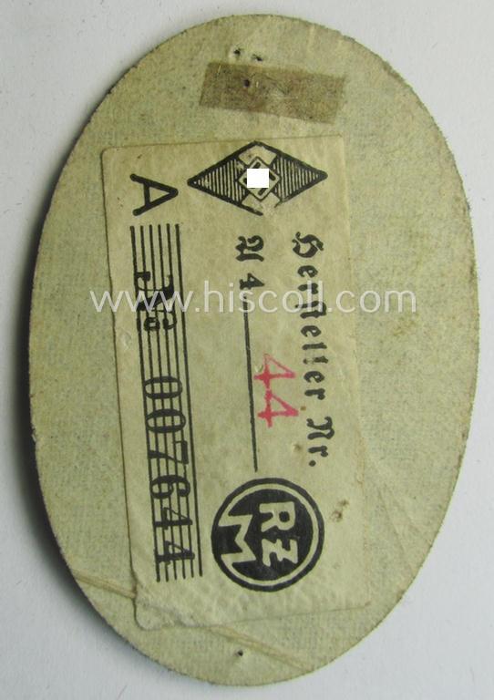 Early-period, HJ/BDM (ie. 'Hitlerjugend'/'Bund Deutscher Mädel') trade- or: specialist-armbadge as executed in machine-embroidered pattern as was intended for usage by a: 'Feldscher' (or: medical orderly) still retaining its period 'RzM'-etik...