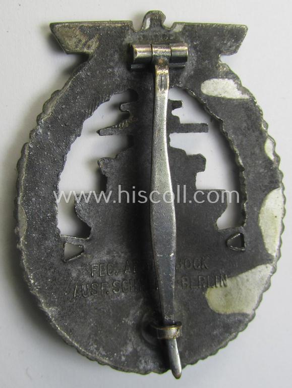 Attractive, WH (KM) 'Flottenkriegsabzeichen' (or: high-sea fleet badge) being a typical zinc- (ie. 'Feinzink'-) based and/or later-war-period version that is neatly maker- (ie. 'Fec. Adolf Bock') marked on its back