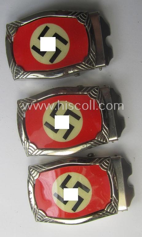 Attractive - and unusually seen! - smaller-sized, 'ornamented' and silver-toned (ie. chromed metal-based) patriotic belt-buckle (ie. 'N.S.D.A.P.'-supportive-piece) being a 'mint- ie. unissued' example that shows some (minimal) rust-staining