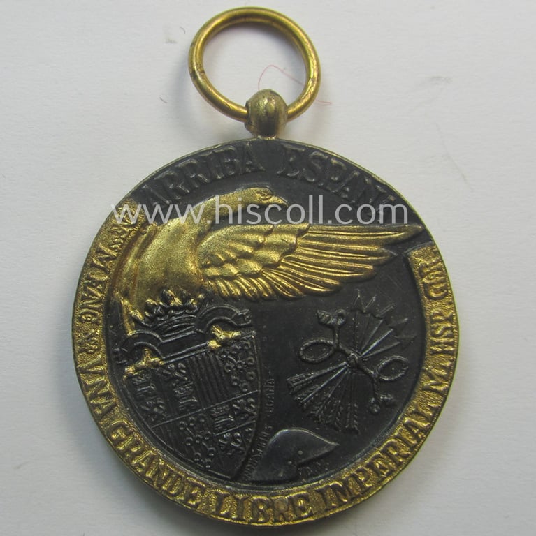 Spanish-issued, Spanish Civil-War commemorative-medal called: 'Medalla de la Campaña 1936-1939' that came together with its period piece of ribbon (ie. 'Bandabschnitt') as issued and/or recently found