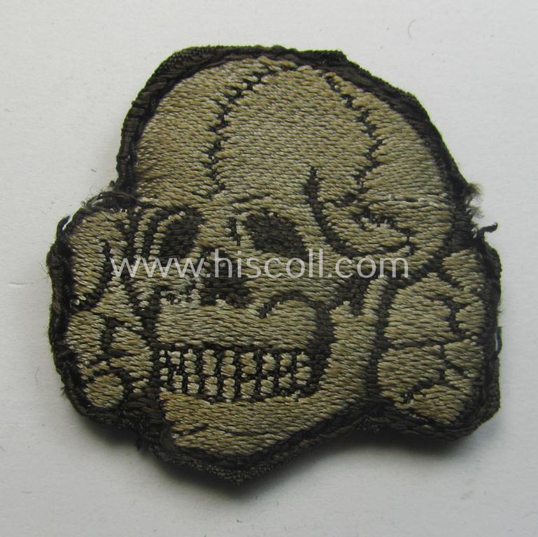 Superb - and nowadays rarely encountered! - Waffen-SS, 'BeVo'-woven-style skull- and cap-eagle-set (ie. 'Totenkopf- u. Adler-Effektensatz für Schiffchen o. Einheitsfeldmütze') that comes in a moderately used- and/or cap-removed, condition