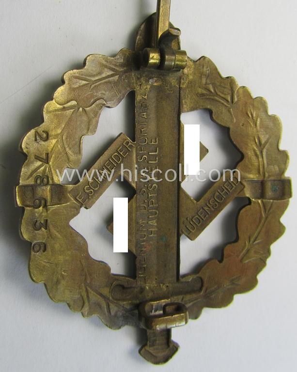 Attractive, early- (ie. pre-) war-period 'SA Sportabzeichen in Bronze' being a nicely maker- (ie. 'E. Schneider'-) marked example that bears a unique, stamped bearers'-number that reads: '278636' on its back