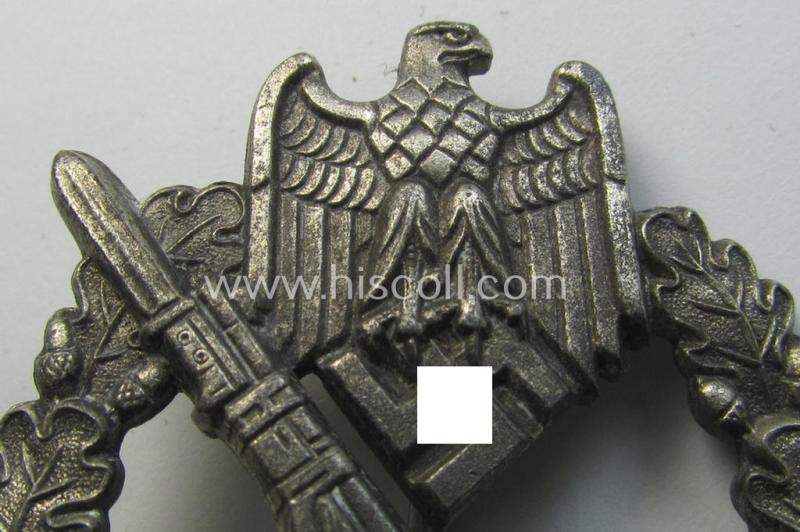 Attractive, 'Infanterie Sturmabz. in Silber' (or: silver-class infantry assault badge ie. IAB) being a detailed albeit unmarked example (of the 'long-barrel-hinge'-variant) as executed in 'Feinzink' as produced by the: 'Steinhauer & Lück'-com...