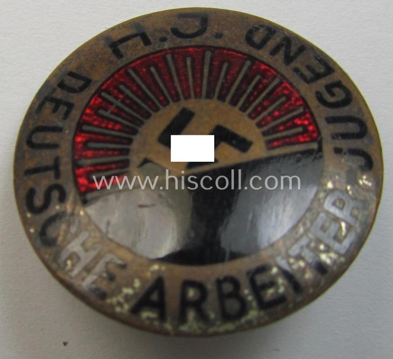 Neat - albeit clearly used! - multi-coloured enamelled 'Mitgliedsabzeichen' as intended to signify membership within the: 'HJ' (or: 'Hitlerjugend') before June 1932 (being a badge of the 1st pattern that is void of a makers'-designation)