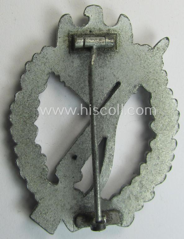 Attractive, 'Infanterie Sturmabzeichen in Silber' (or: silver-class infantry assault badge ie. IAB) being a detailed albeit unmarked example (of the 'long-barrel-hinge'-variant) as executed in 'Feinzink' as was produced by the: 'Steinhauer & L...