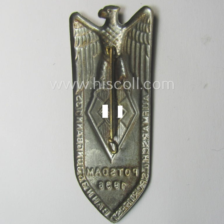 HJ u. DJ-related 'tinnie' ie. 'Veranstaltungsabzeichen' being a non-maker-marked example showing a: 'Reichsadler u. HJ-Raute' and text: 'Aufmarsch u. Sportfest - Bann 35 - Jungbann 1/35 - Potsdam - 1936'