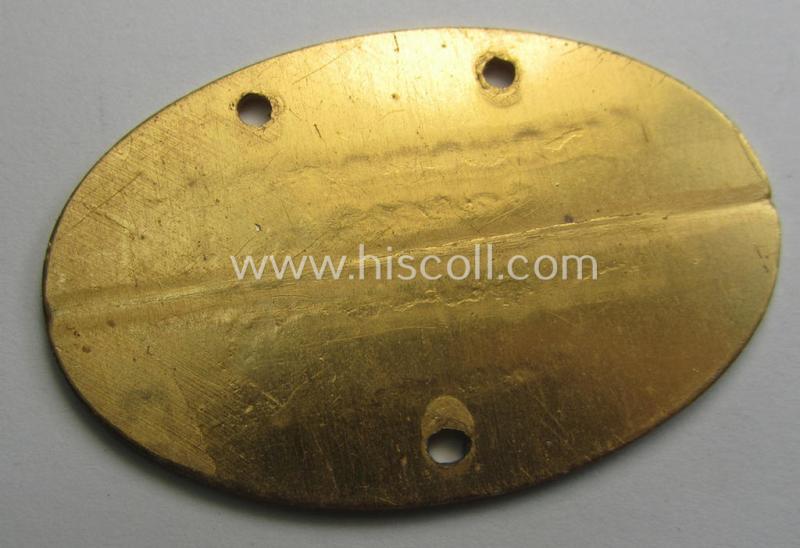 Later-war- (albeit 'standard-issue'-) pattern, WH (Kriegsmarine) typical aluminium-based- and/or bright golden-bronze toned ID-disc (ie. 'Erkennungsmarke') bearing the engraved coded numeral (ie. text) that simply reads: 'Kriegsmarine 14532/45'