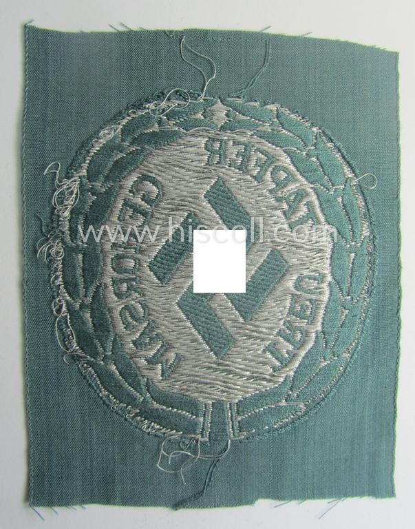 Officers'- (ie. evt. NCO-) type, so-called: 'Schutzmannschaften'- (ie. 'Schuma'-) armshield being executed in silver-grey-coloured 'flatwire'-thread onto a police-green-coloured background