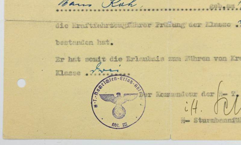SS-Totenkopf Drivers License Certificate KFZ