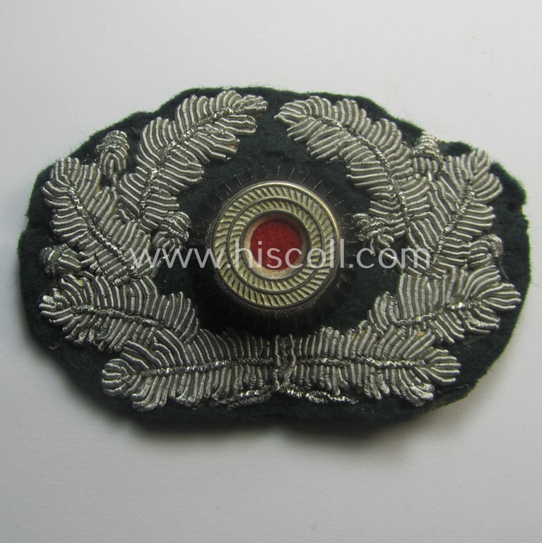 Clearly used- and/or cap-removed, WH (Heeres) officers'-pattern, visor-cap eagle/cocarde-set (ie. 'Effektensatz für Schirmmütze') being both hand-embroidered examples that come mounted onto a darker-green-coloured- and/or woolen-based background