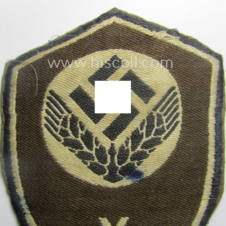 Female-related, enlisted- (ie. NCO-) pattern-, so-called: 'RADwJ'-sleeve-badge (ie. 'Abzeichen des Reichsarbeitsdienst der weiblichen Jugend') being a clearly worn example as executed in the neat 'BeVo'-weave-pattern
