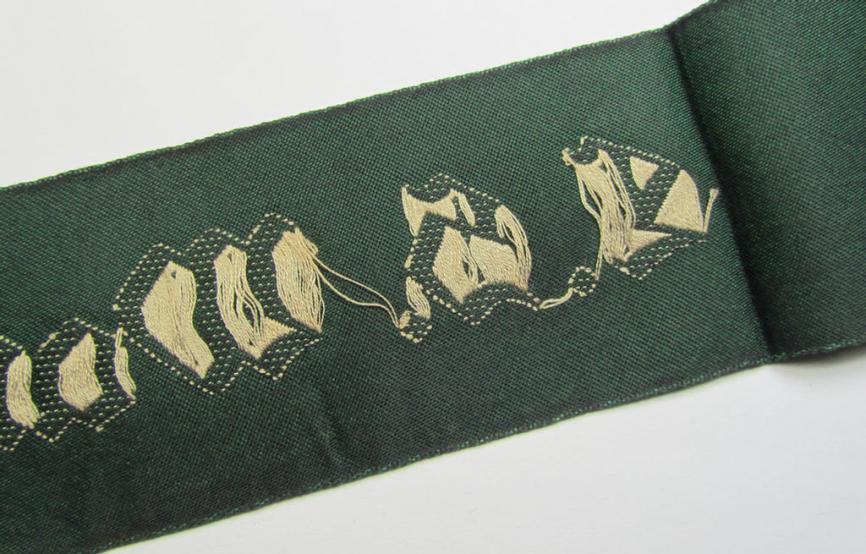 Attractive, linnen-based- and/or bright-green-coloured cuff-title (ie. 'Ärmelstreifen') depicting the text: 'L.S. Warndienst', as was intended for staff-members of the German RLB (ie. 'Reichsluftschutz-Bund')