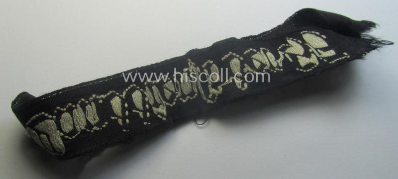 Truly worn (ie. relic) example) of the - actually scarcely encountered! - HJ ('Hitlerjugend') armband (ie. cuff-title) as woven in the neat 'BeVo'-like-pattern, entitled: 'Landdienst der HJ'