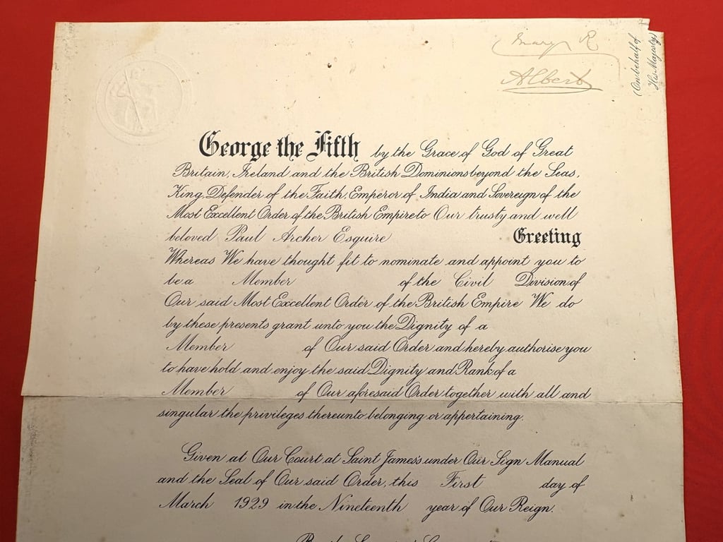 RARE ORIGINAL OBE CITATION HAND SIGNED BY HRH PRINCE EDWARD &PRINCE ALBERT.