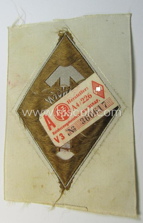 Attractive, HJ- (ie. 'Hitlerjugend') 'Leistungsabzeichen in Bronze' (or: bronze-class youth sports'-badge) as executed in the: 'BeVo'-weave pattern that still retains its period-attached 'RzM'-etiket