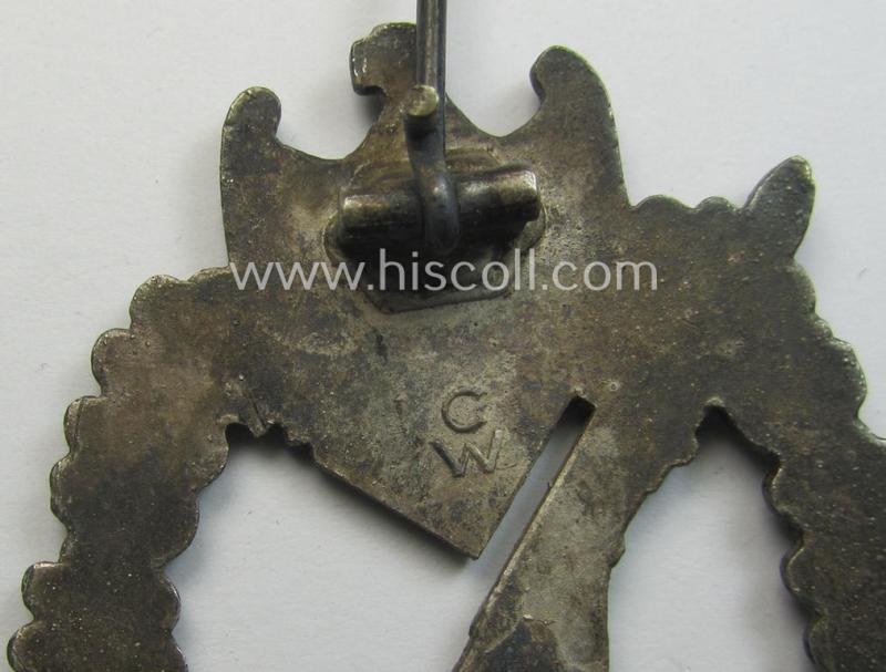 Attractive, 'Infanterie-Sturmabzeichen in Silber' (or: silver-class infantry-assault badge ie. IAB) being a neatly maker- (ie. 'C.W'- or: 'Carl Wild'-) marked example as executed in truly 'frosted', silverish-grey-coloured 'Feinzink'