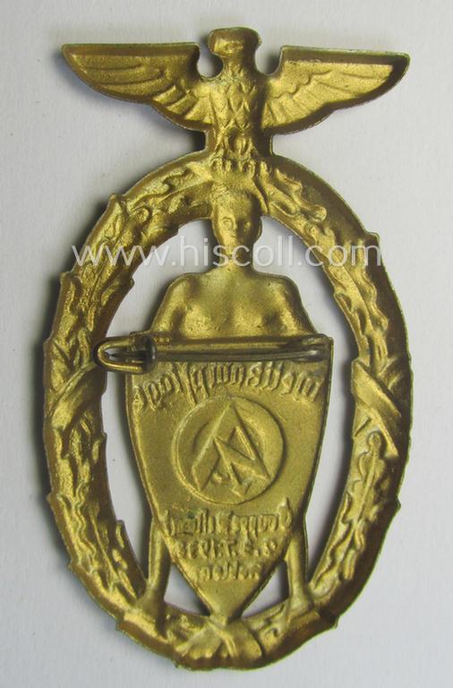 Zinc-based- and bright-golden-toned, SA- (ie. 'Sturmabteilungen'-) related day-badge (ie. 'tinnie') as was issued to commemorate an: 'SA'-gathering ie. rally entitled: 'Wettkampftage - SA-Gruppe Westmark - 2.3.7.1938 - 12. Juni 1938 - Koblenz...