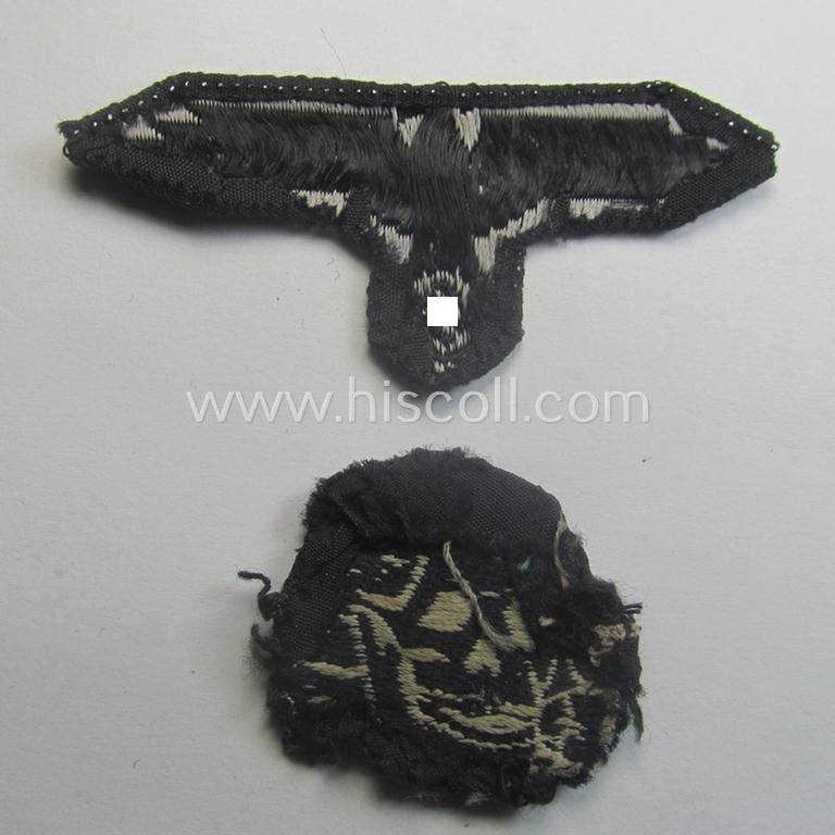 Superb - and nowadays rarely encountered! - Waffen-SS, 'BeVo'-woven-style skull- and cap-eagle-set (ie. 'Totenkopf- u. Adler-Effektensatz für Schiffchen o. Einheitsfeldmütze') that comes in a moderately used- and/or cap-removed, condition