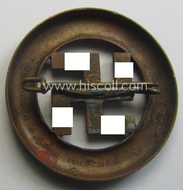 N.S.D.A.P.-related 'Tagungs- o. Veranstaltungsabzeichen' (also referred to as: 'Gau München'-honorary-badge) being a maker- (ie. 'Deschler'-) marked example showing the text: 'Und Ihr habt doch gesiegt - 1933!'