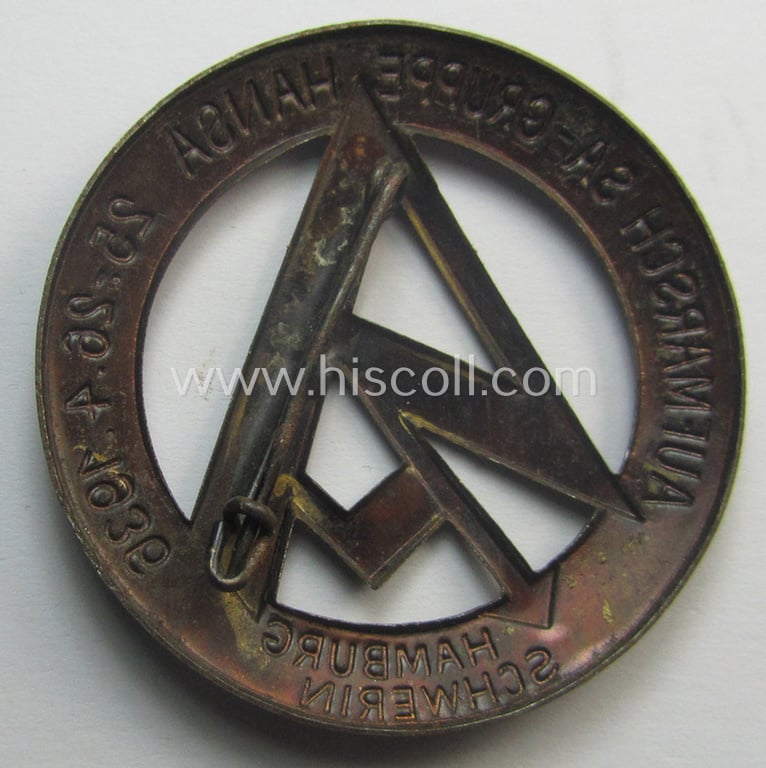 Golden bronze-toned- (and I deem typical zinc-based) SA-related day-badge (ie. 'tinnie' or: 'Veranstaltungsabzeichen') as was issued to commemorate the: 'Aufmarsch SA-Gruppe Hansa - 25.26.4.1935 - Hamburg Schwerin'