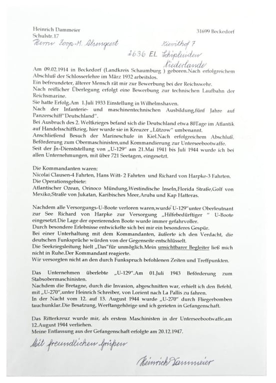 Signature of Kriegsmarine KC-Recipient 'Heinrich Dammeier'