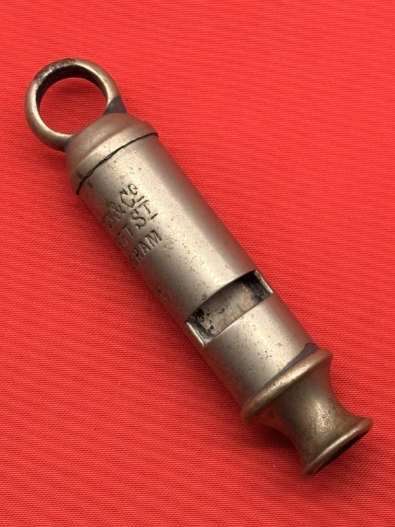 TWO AUTHENTIC ORIGINAL BRITISH OFFICERS WWI 1916 TRENCH WHISTLES AND LANYARD.