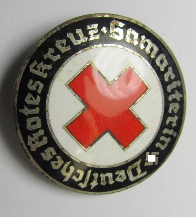 Neat - and actually scarcely encountered! - DRK (ie. 'Deutsches Rotes Kreuz' or German Red Cross) so-called: nurses'-badge entitled: 'Samariterin', being an attractive and patent-pending- (ie. 'Ges.Gesch.'-) marked example
