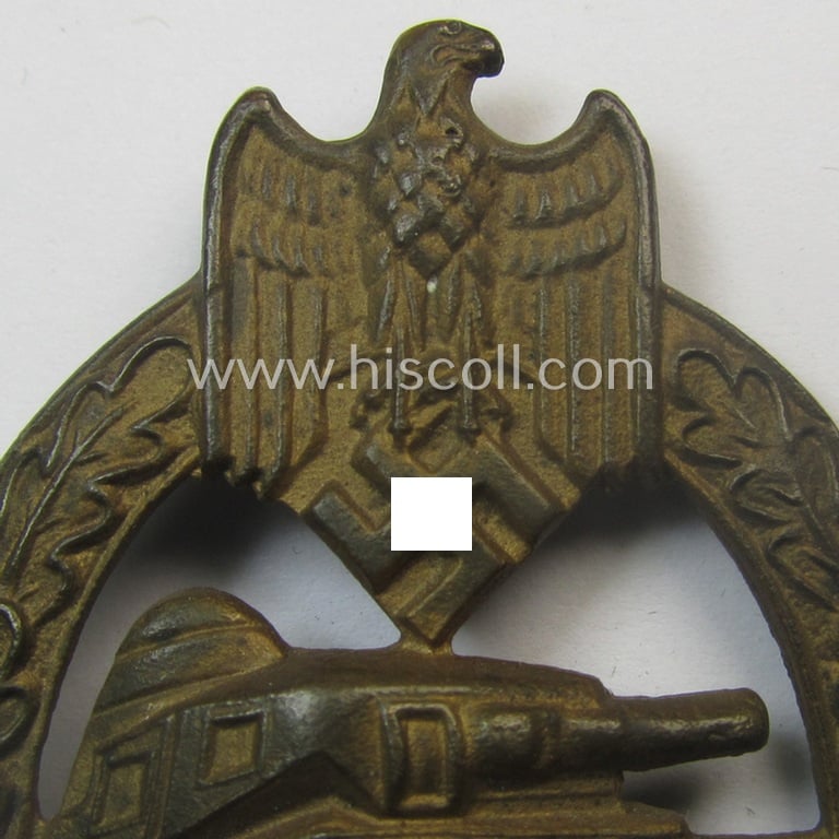 Incomplete 'Panzerkampfabzeichen in Bronze' (or: bronze-class panzer-assault badge or PAB) being a maker- (ie. 'AS' in a triangle-) marked- and/or typical zinc- (ie. 'Feinzink'-) based specimen as was procuced by a to date unknown maker