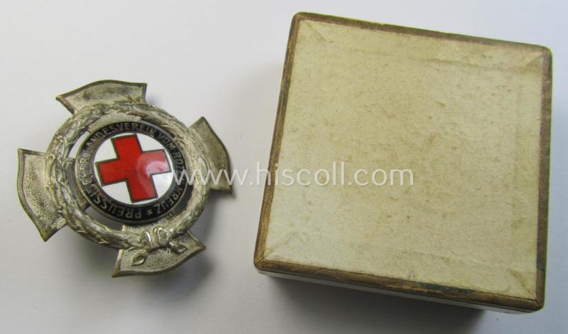 WWI-period so-called: 'Verdienstkreuz für 10-Jährige Mitgliedschaft beim Preussischer-Landesverein vom Rotes Kreuz' being a maker- (ie. 'Godet - Berlin'-) marked example that came stored in its (equally-marked!) box