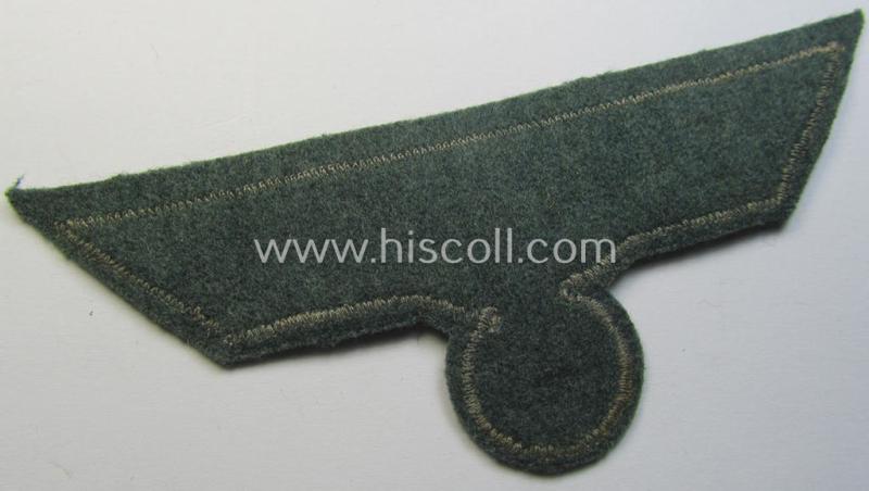 WH (Heeres) breast-eagle as executed in 'BeVo'-type-, so-called: 'flat-wire'-weave-pattern and pre-mounted on field-grey-coloured wool as was specifically intended for usage by soldiers (ie. NCOs) on their dress-tunics (ie. 'Waffenröcke')