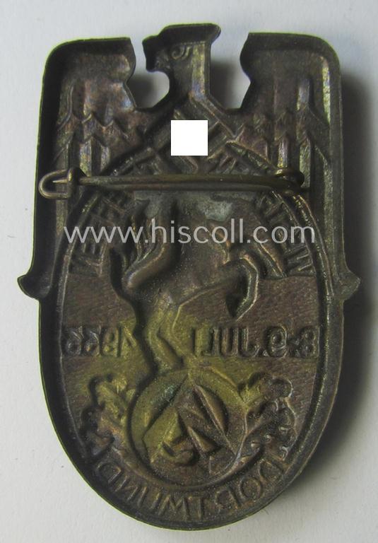 Commemorative- and/or copper-toned, golden-bronze-coloured N.S.D.A.P.- (ie. SA-) related 'tinnie' being a non-maker-marked example showing a detailed eagle-device, SA-logo- and text: 'Westfalentreffen - Dortmund - 8.9. Juli 1933'