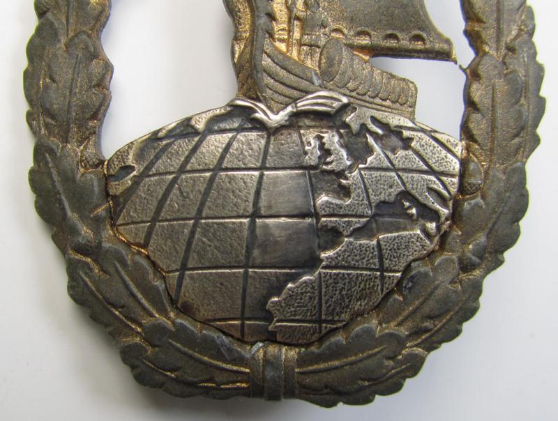 Superb, WH (Kriegsmarine) 'Hilfskreuzer-Kriegsabzeichen' (or: auxiliary-cruiser war-badge) being a typical, non-maker-marked- and/or: 'Feinzink'-based example as was produced by the: 'S&L'-company