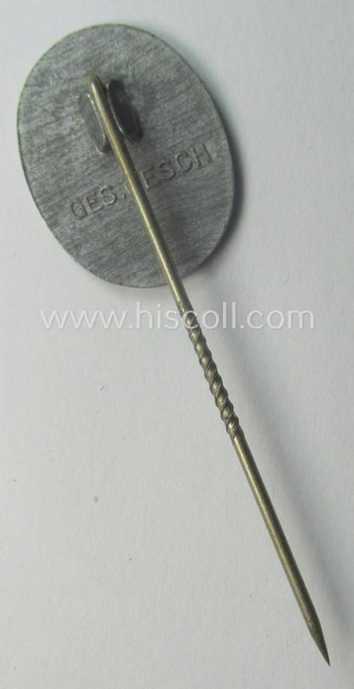 Multi-coloured- and/or 'molded'-styled, aluminium-based lapel-pin (aka: 'RAD-Erinnerungsnadel') being a non-marked example that shows a: 'Ges.Gesch.'-designation as was intended for the: 'Reichsarbeitsdienst der Männer (RAD/M)'