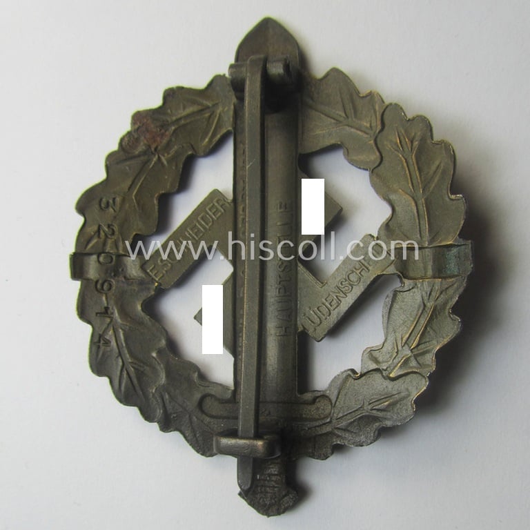 Early- (ie. pre-) war-period 'SA Sportabzeichen in Bronze' being a nicely maker- (ie. 'E. Schneider'-) marked example that bears a unique, stamped bearers'-number that reads: '320914' on its back