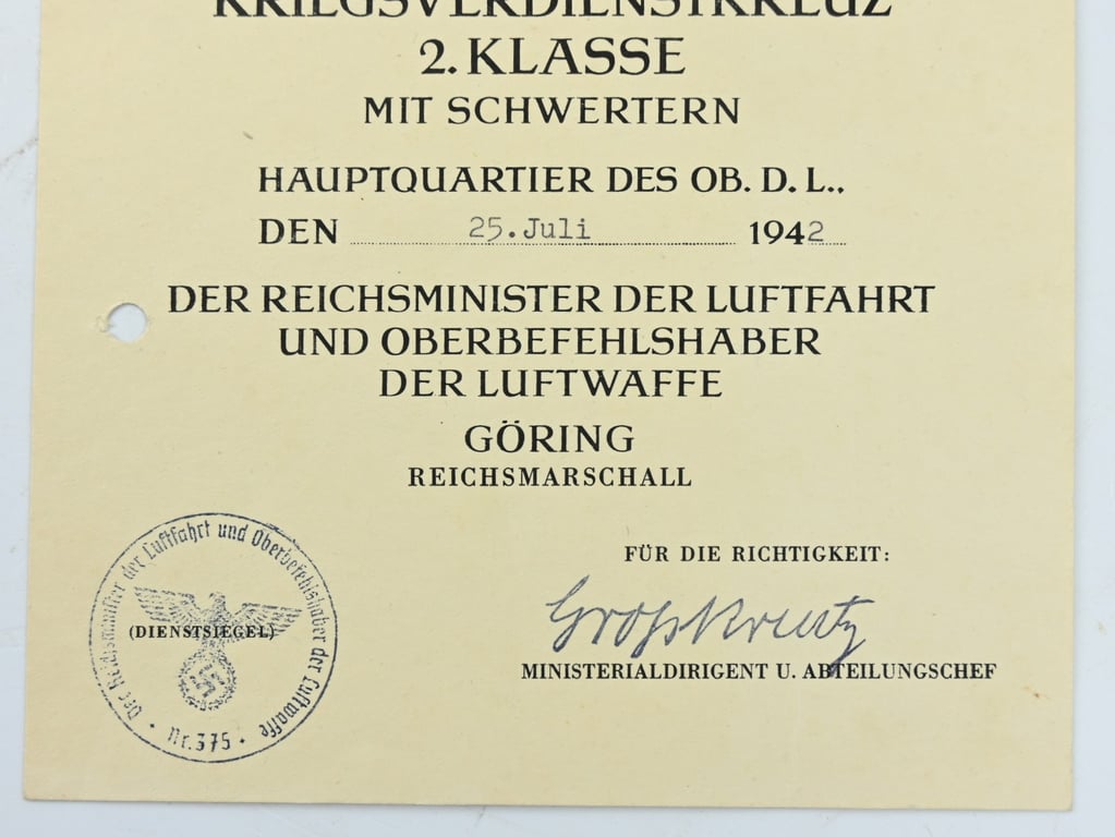 German War Merit Cross with Swords 2nd Class Certificate