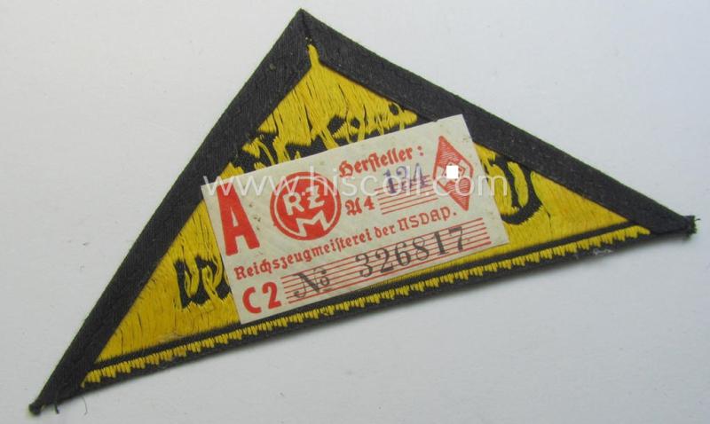 'HJ' ('Hitlerjugend') district-triangle (ie. 'Gebietsdreieck') entitled: 'Südost Oberdonau' (being a 'virtually mint' example that retains its period-attached, paper-based so-called: 'RzM'-etiket)