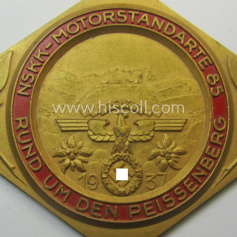Commemorative N.S.K.K.-related plaque (ie. 'Erinnerungs- o. nichttragbare Plakette') showing a landscape-scenery, typical N.S.K.K.-eagle-device and text: 'NSKK-Motorstandarte 85 - Rund um den Peissenberg - 1937'
