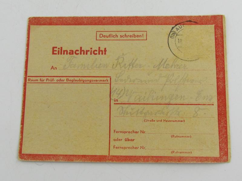 Sign of Life Card from Augsburg, Dated 1945