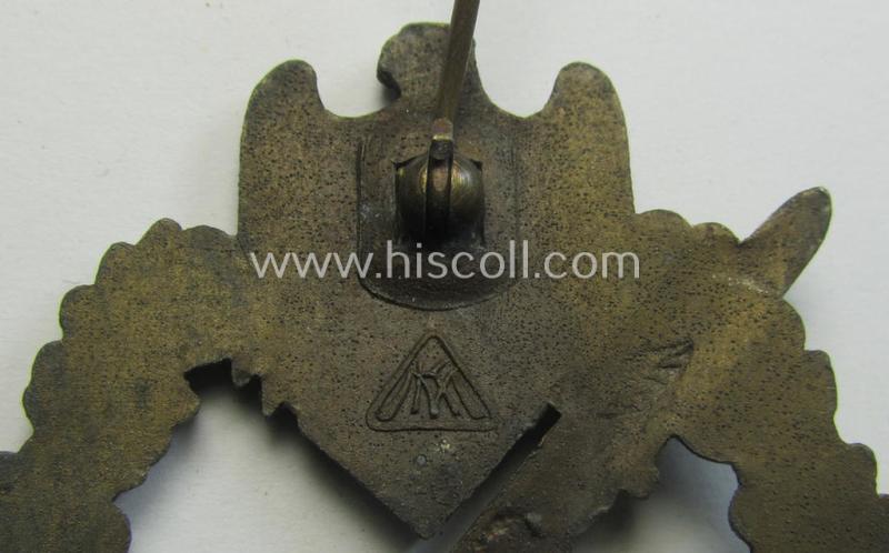 Neat - albeit moderately worn! - 'Infanterie Sturmabzeichen in Bronze' being a maker- (ie. 'MK' in a triangle-) marked (and/or minimally converse- ie. vaulted-) example by a to date still unidentified maker as was executed in golden-bronze-toned,...