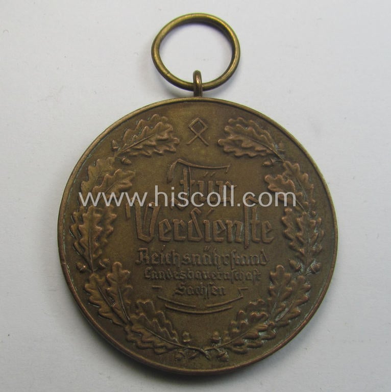 Bronze-toned, typical 'Reichsnährstand'- (ie. 'RNSt.'-) related, (portable) commemorative-award entitled: 'Blut und Boden - Für Verdienste - Reichsnährstand - Landesbauernschaft Sachsen'