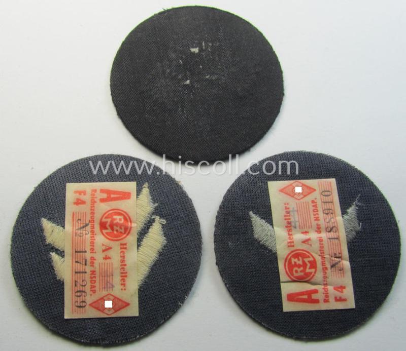 Interesting - and simply never used! - 3-pieced, DJ- (ie. 'Deutsches Jungvolk in der HJ') insignia-set comprising of 3 darker-blue-toned rank-patches (ie. 'Rangzeichen') of which 2 still retain their period 'RzM'-etiket