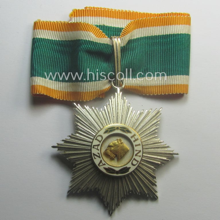 Superb, 'Halskreuz o. Großstern 1. Kl. des Orden Azad Hind' being a non-maker-marked example that comes mounted onto its original ribbon (ie. 'Bandabschnitt') and that comes stored in its typical, beige-white-coloured etui
