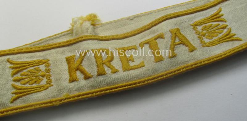 WH cuff-title (ie. 'Ärmelstreifen') entitled: 'Kreta' (being an example that comes in a clearly issued-, worn- and/or most certainly once tunic-attached, condition)