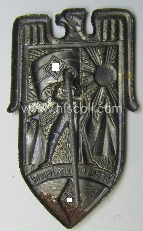 Silver-toned HJ/BDM (ie. 'Hitlerjugend' or: 'Bund Deutscher Mädel') day-badge (ie. 'tinnie' or: 'Veranstaltungsabzeichen') entitled: 'Für des Führers Jugend' as was issued to commemorate participation within a specific youth-event