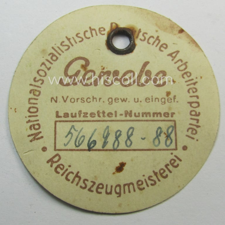 Never before seen - and most certainty very scarcely encountered! - carton-based so-called: 'N.S.D.A.P. o. Reichszeugmeisterei'-related equipment- ie. clothing-'tag'