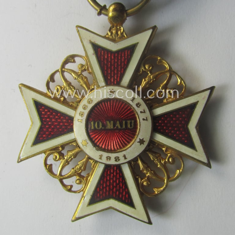 Superb - golden-toned- and nicely enamelled! - Romanian, officers'-pattern military-cross: 'Order of the Crown of Romania' (being an early example of the first pattern that was issued between 1881 and 1941)