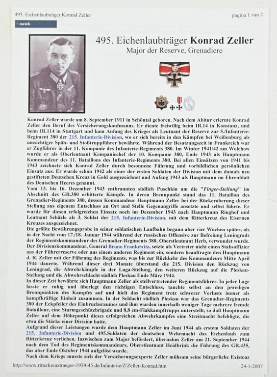 Signature of Wehrmacht Heer KC Recipient 'Conrad Zeller'